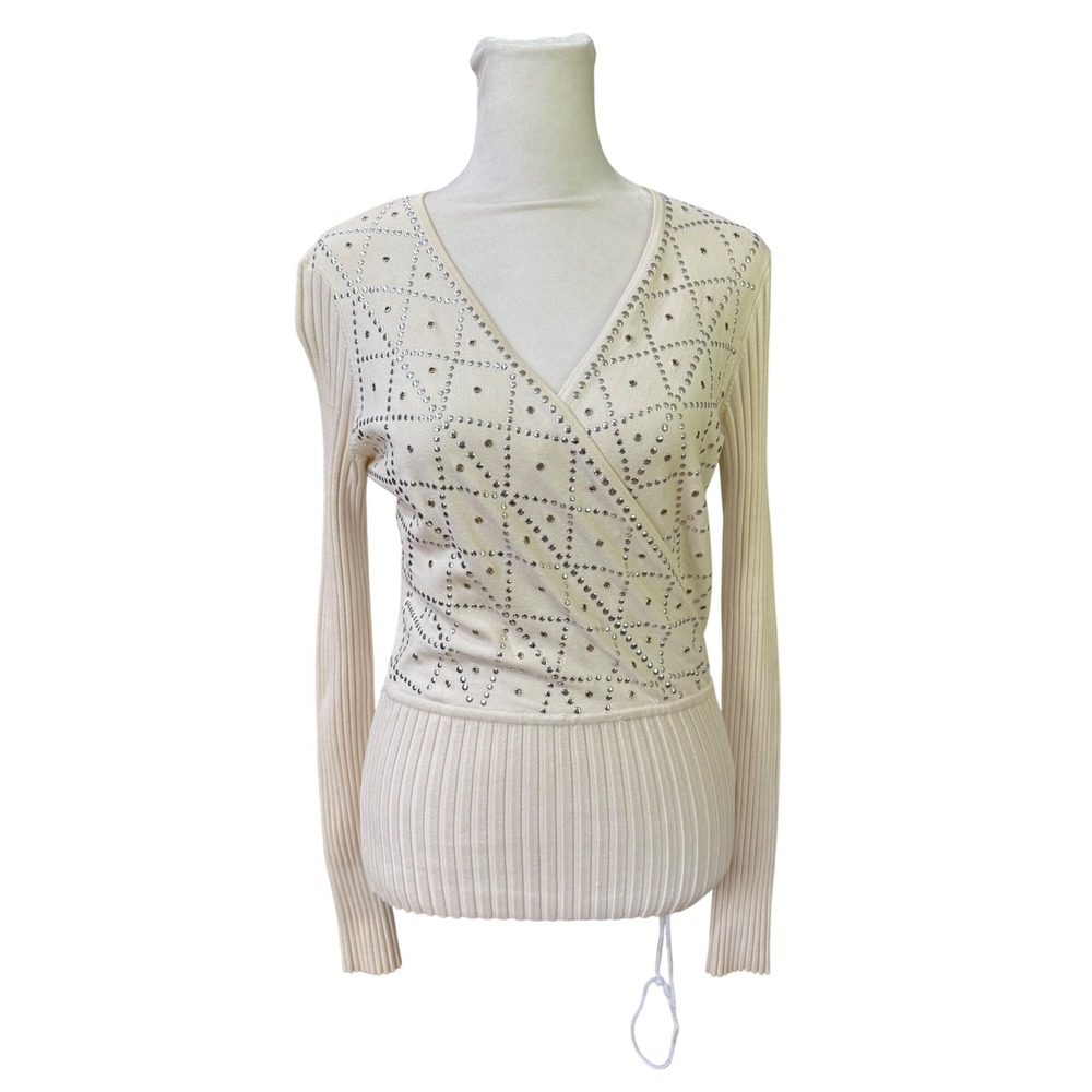WR 9000‎ Womens Cream Silk Blend Ribbed Rhinestone Wrap V-Neck Sweater Medium